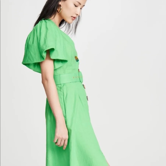 NICHOLAS Troy Dress Green Linen Midi Button Front Puff Sleeves US 4 Small - Picture 9 of 16